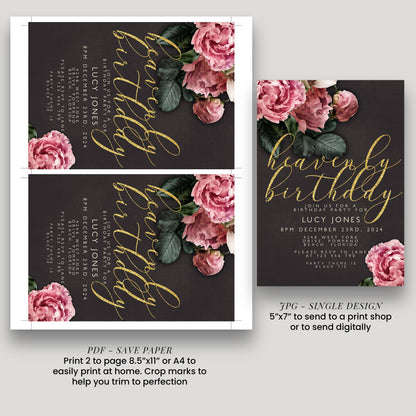 a birthday invitation design featuring a floral background with pink roses and green leaves. The invitation is for Lucy Jones' birthday party and includes details about the event, such as the date, time, location, and RSVP information. The design is a single-page invitation, and it provides instructions for printing and sending the invitation, including the option to print 2 pages or print one page and send digitally.