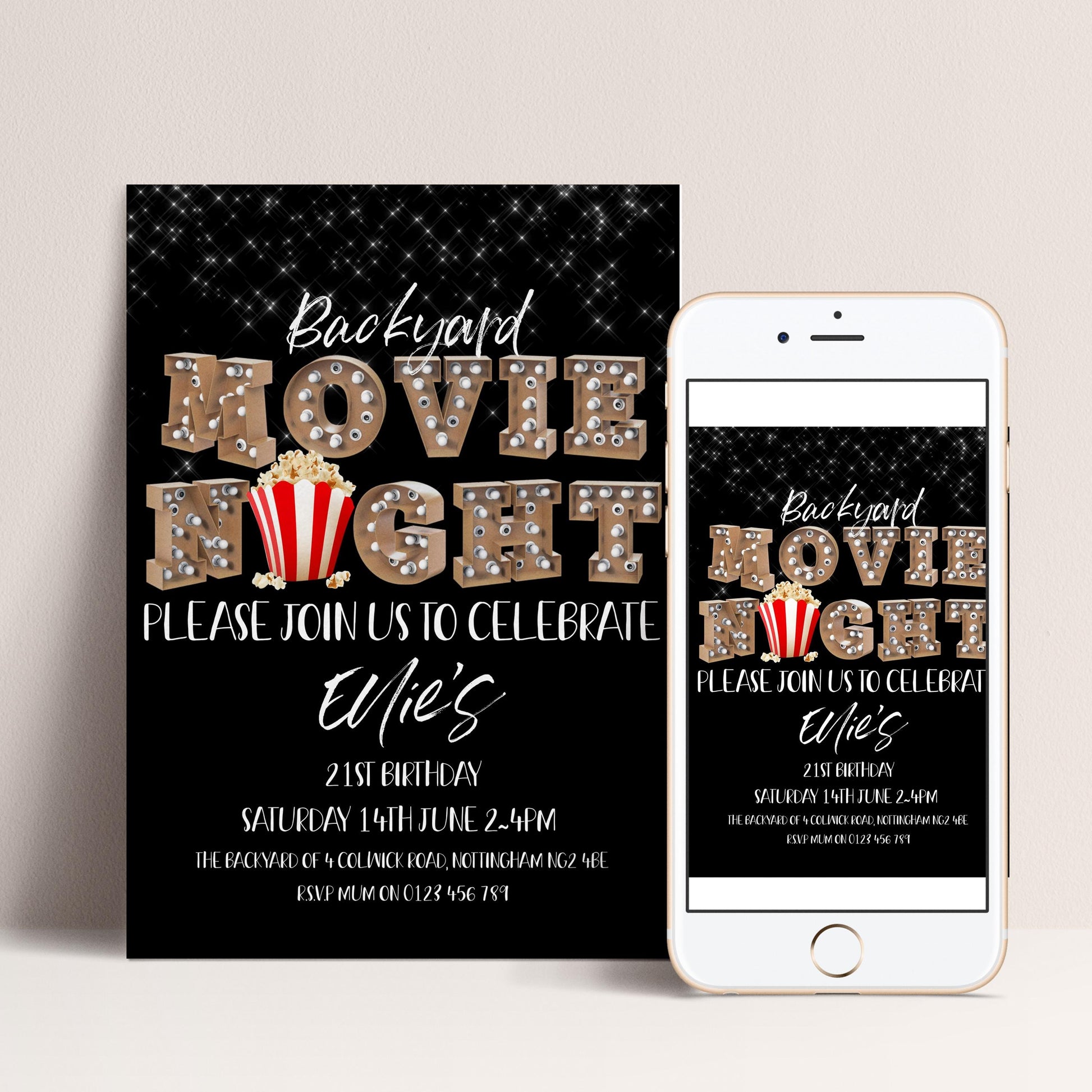 The image is a promotional poster for a backyard movie night event.