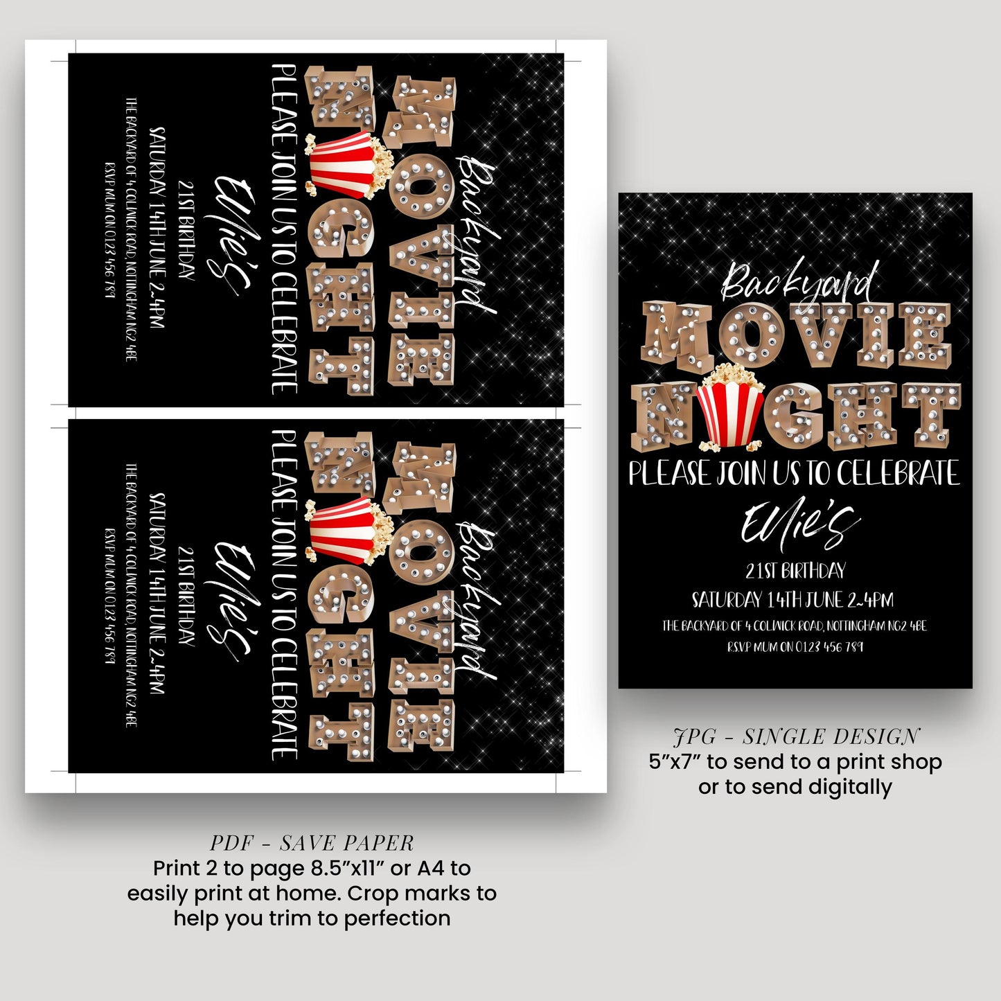 a black and white invitation for a backyard movie night. The invitation features the text "Backyard Movie Night Please join us to celebrate Elisabeth's 21st birthday Saturday, July 14th, 2:45 PM The backyard on June 28th, 2:45 PM" along with a large "MOVIE" sign and a popcorn icon. The invitation also includes instructions for printing 2 pages of the design, a 5"x7" to send to a print shop, or to send digitally.
