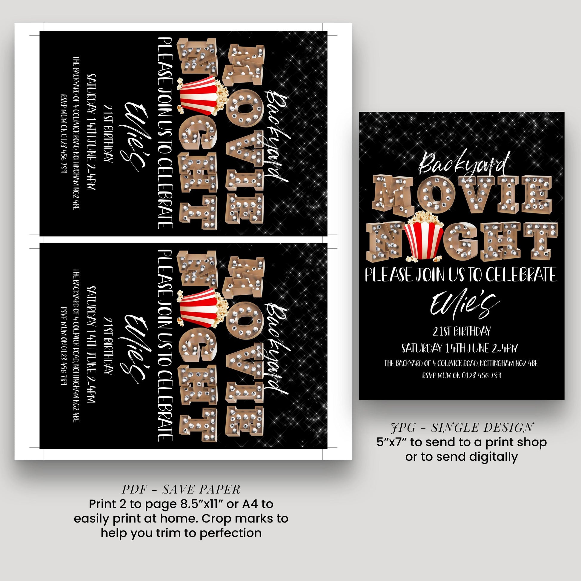 a black and white invitation for a backyard movie night. The invitation features the text "Backyard Movie Night Please join us to celebrate Elisabeth's 21st birthday Saturday, July 14th, 2:45 PM The backyard on June 28th, 2:45 PM" along with a large "MOVIE" sign and a popcorn icon. The invitation also includes instructions for printing 2 pages of the design, a 5"x7" to send to a print shop, or to send digitally.