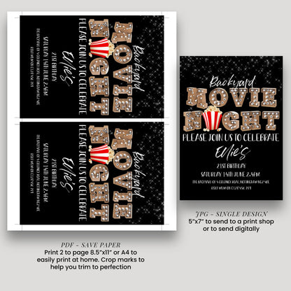 a black and white invitation for a backyard movie night. The invitation features the text "Backyard Movie Night Please join us to celebrate Elisabeth's 21st birthday Saturday, July 14th, 2:45 PM The backyard on June 28th, 2:45 PM" along with a large "MOVIE" sign and a popcorn icon. The invitation also includes instructions for printing 2 pages of the design, a 5"x7" to send to a print shop, or to send digitally.