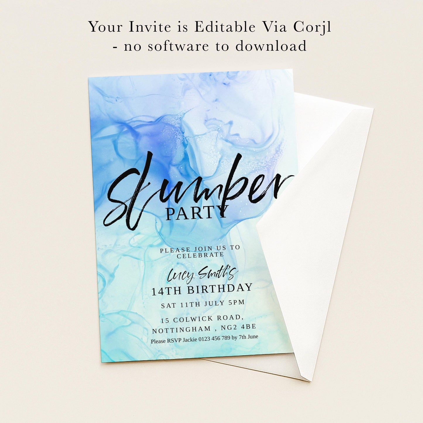 The image is a birthday party invitation for a 14th birthday celebration.