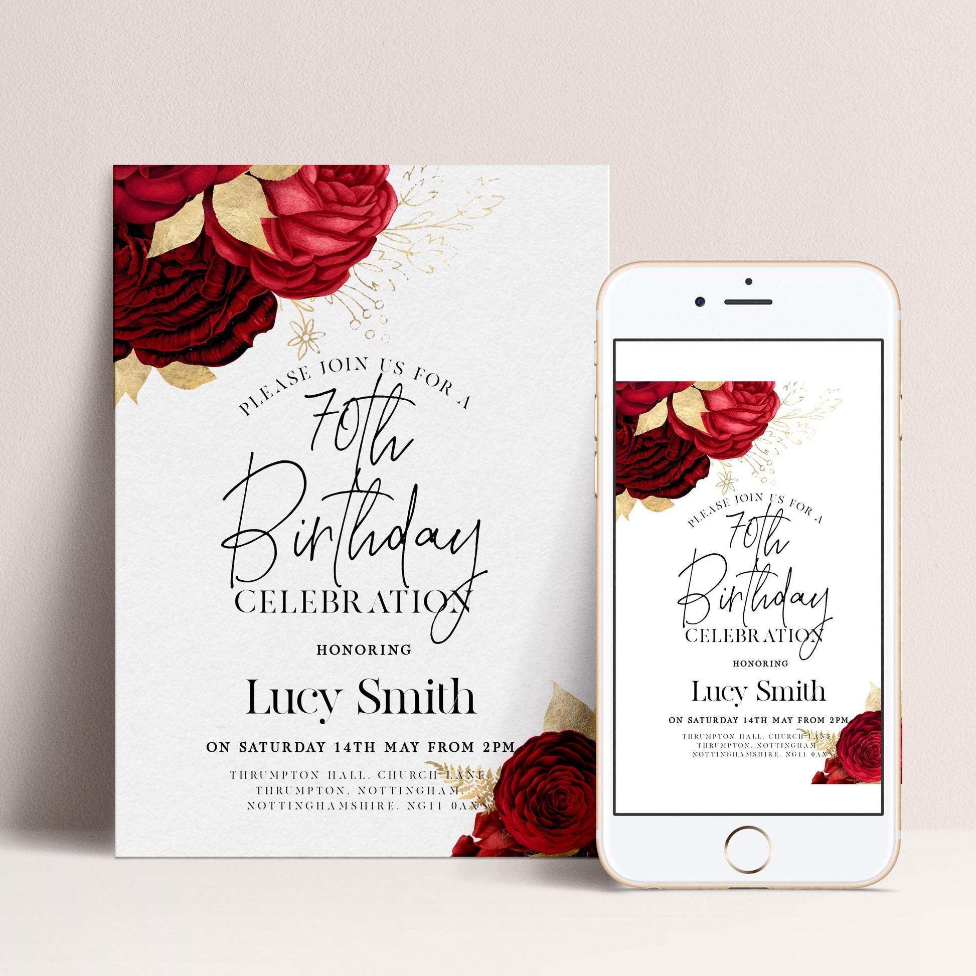 a birthday invitation for a 70th celebration, featuring a white background with a floral design and elegant text.