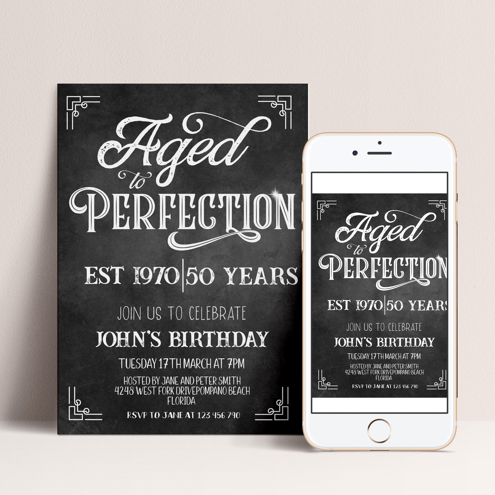 a birthday invitation for John's birthday celebration, with a chalkboard-style design and a smartphone version of the same invitation.