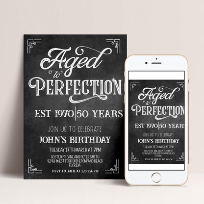 a birthday invitation for John's birthday celebration, with a chalkboard-style design and a smartphone version of the same invitation.