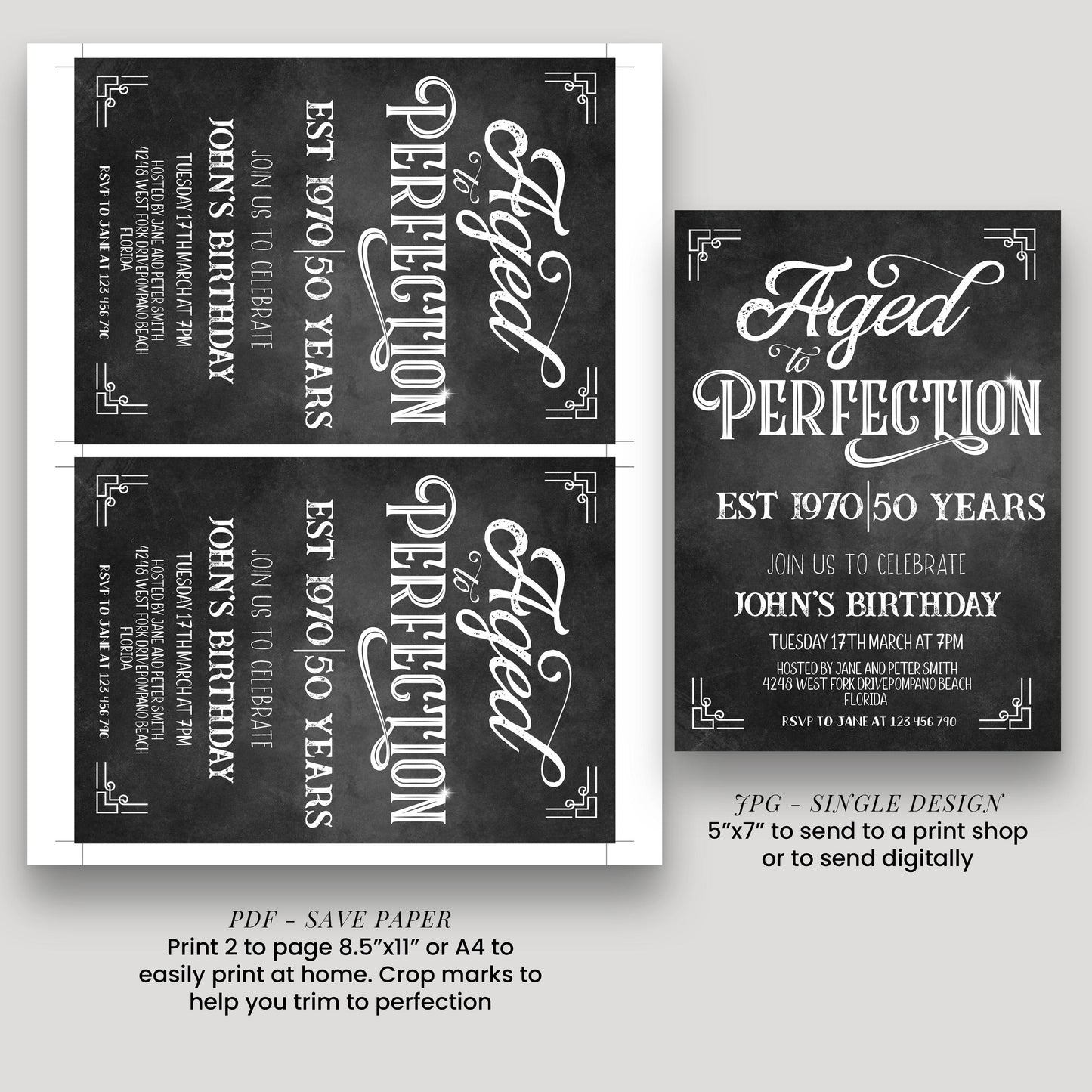 a birthday invitation for John's 50th birthday celebration. It features a black and white design with elegant text and graphics, and includes details about the event, such as the date, time, location, and RSVP information.