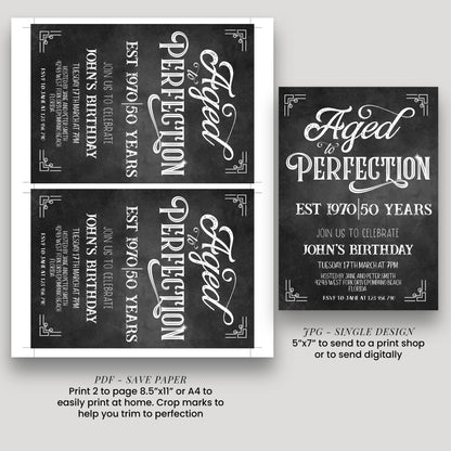 a birthday invitation for John's 50th birthday celebration. It features a black and white design with elegant text and graphics, and includes details about the event, such as the date, time, location, and RSVP information.