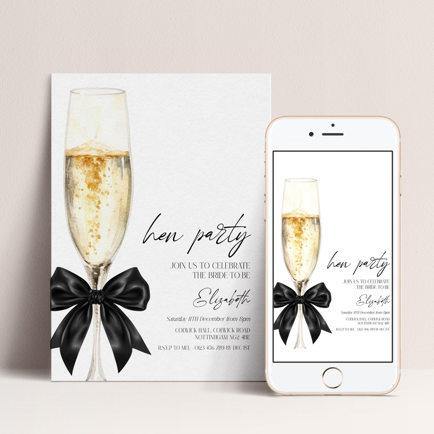 The image is a wedding invitation featuring a champagne glass with a black ribbon, accompanied by text inviting guests to a "hen party" to celebrate the bride to be.