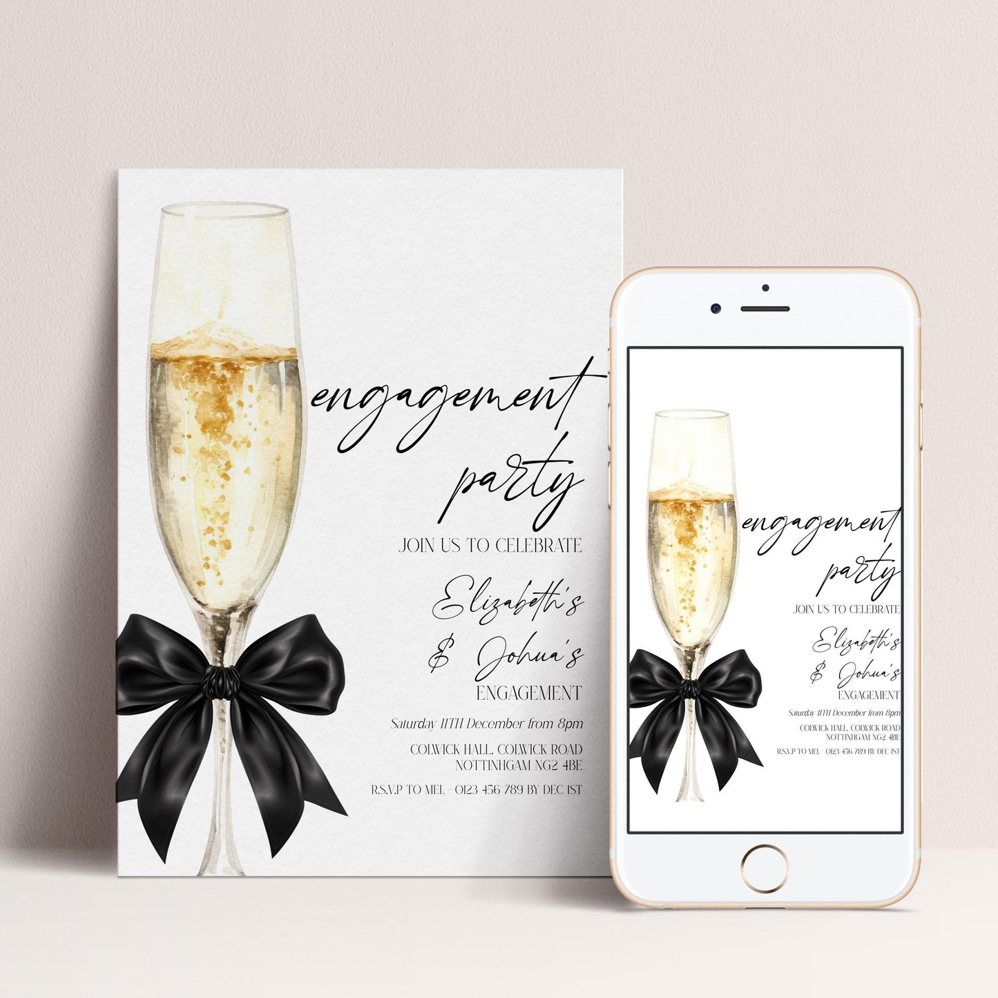 The image is a wedding invitation featuring a champagne glass with a black ribbon, accompanied by text and a smartphone image of the same invitation.