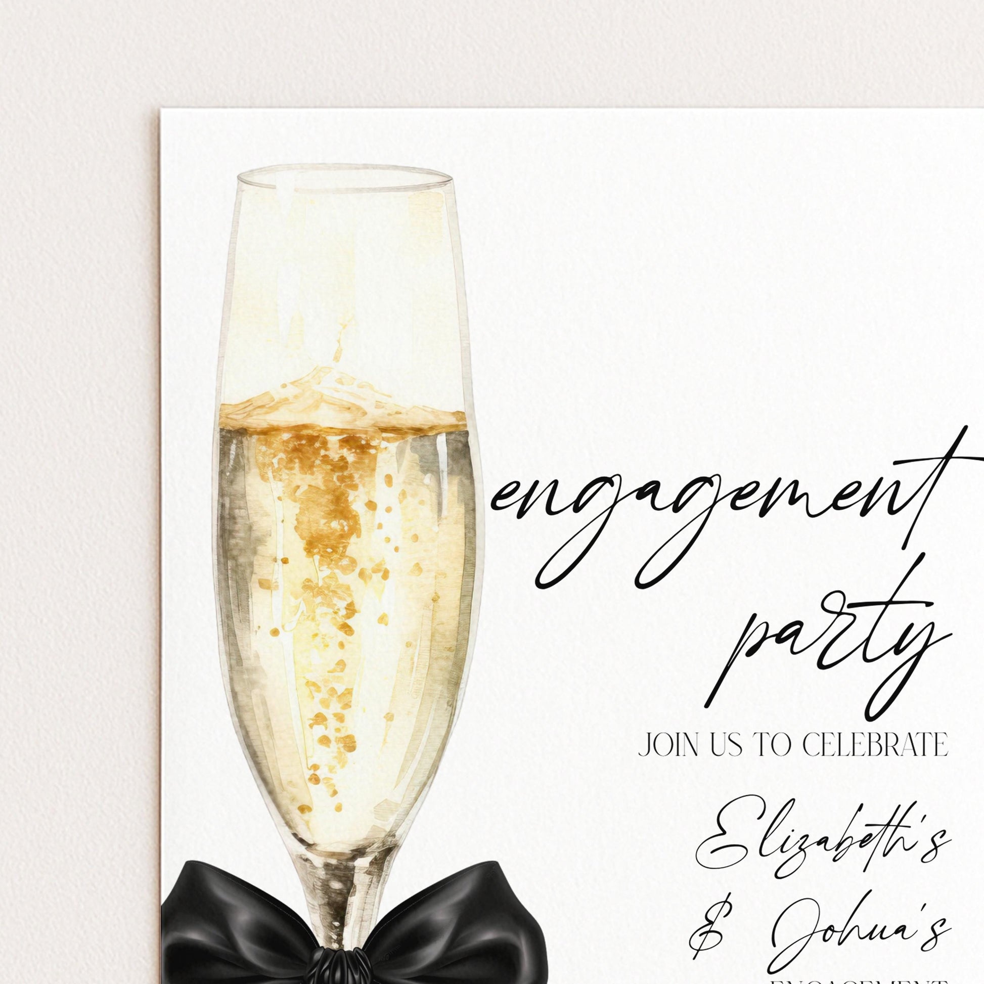 The image is a champagne glass with a black bow, accompanied by the text "engagement party" and "Join us to celebrate Elizabeth & John's engagement party".
