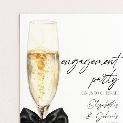 The image is a champagne glass with a black bow, accompanied by the text "engagement party" and "Join us to celebrate Elizabeth & John's engagement party".