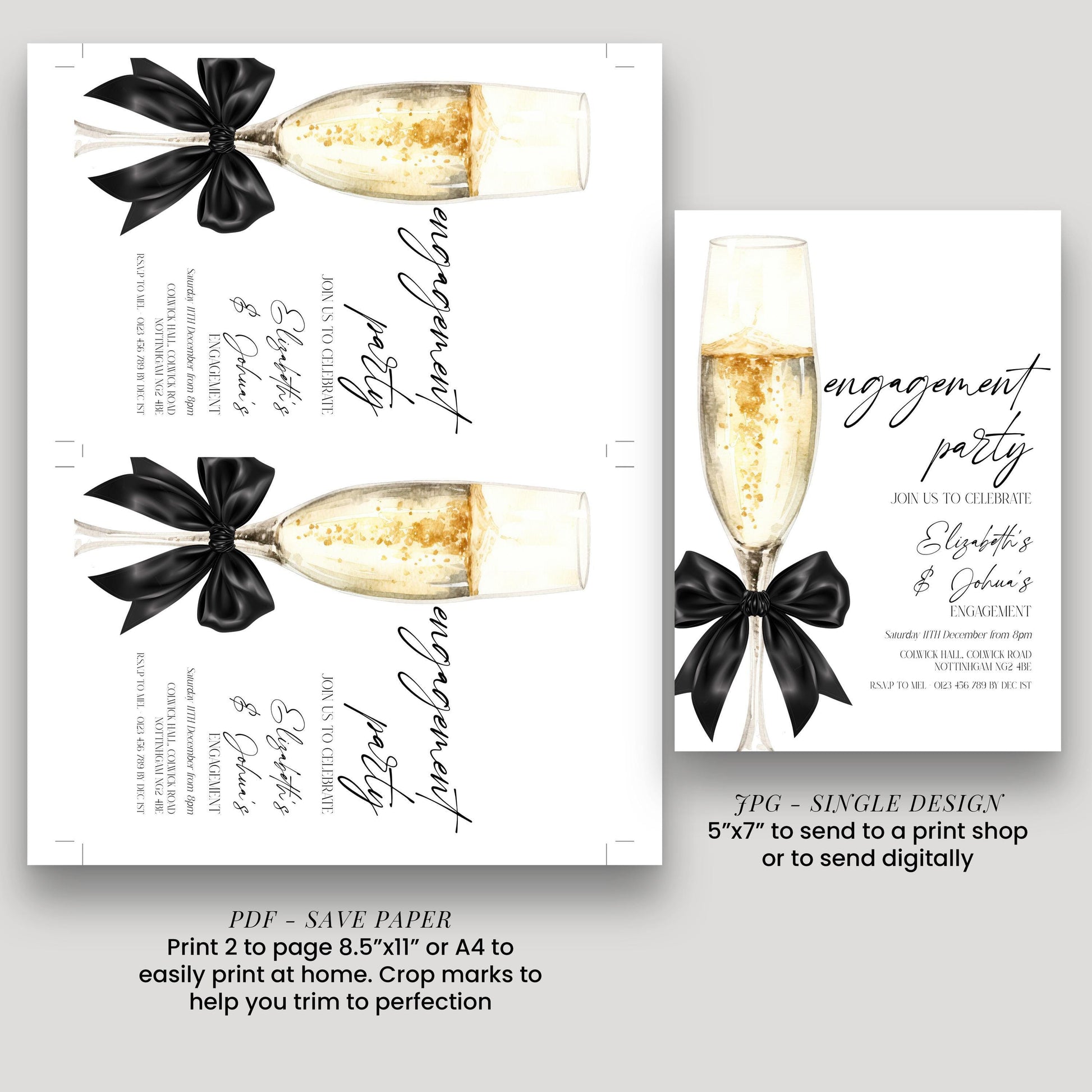 The image is a single design wedding invitation featuring a champagne glass with a black ribbon and bow.