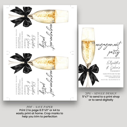 The image is a single design wedding invitation featuring a champagne glass with a black ribbon and bow.