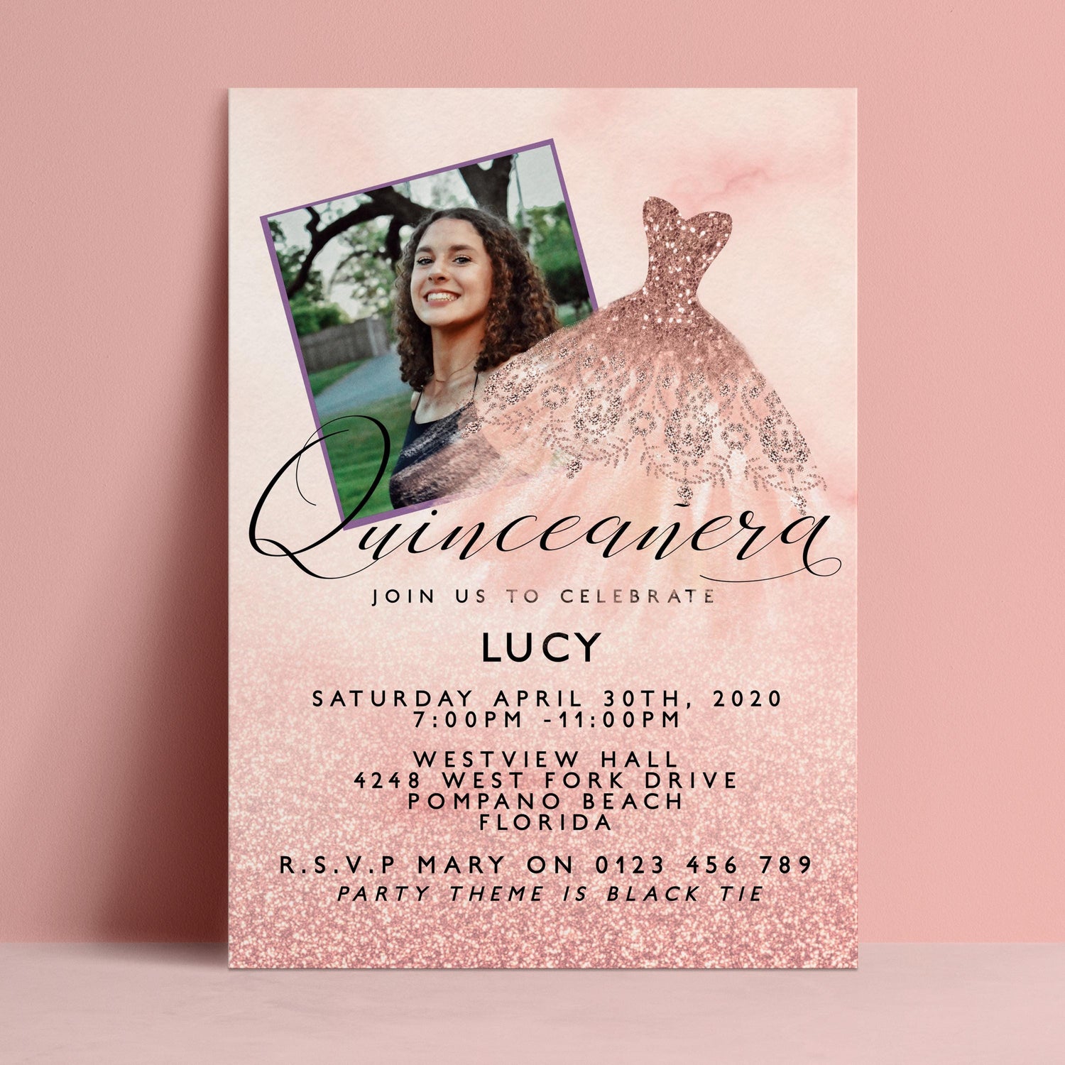 Quinceñera invitation for Lucy, a young girl celebrating her birthday, with a photo of her in a dress and a pink glittery dress on the poster.