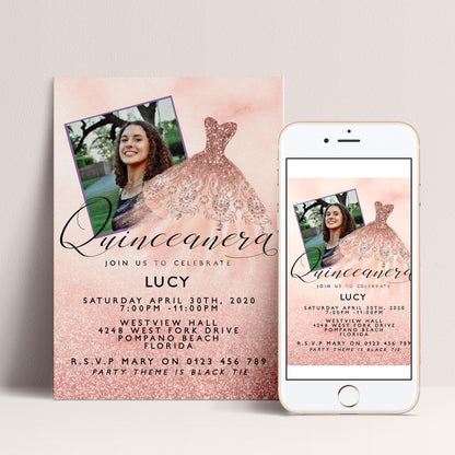 The image is a pink and white invitation for a "Quinceñera" party for a young woman named Lucy. The invitation includes details about the event, such as the date, time, location, and dress code.