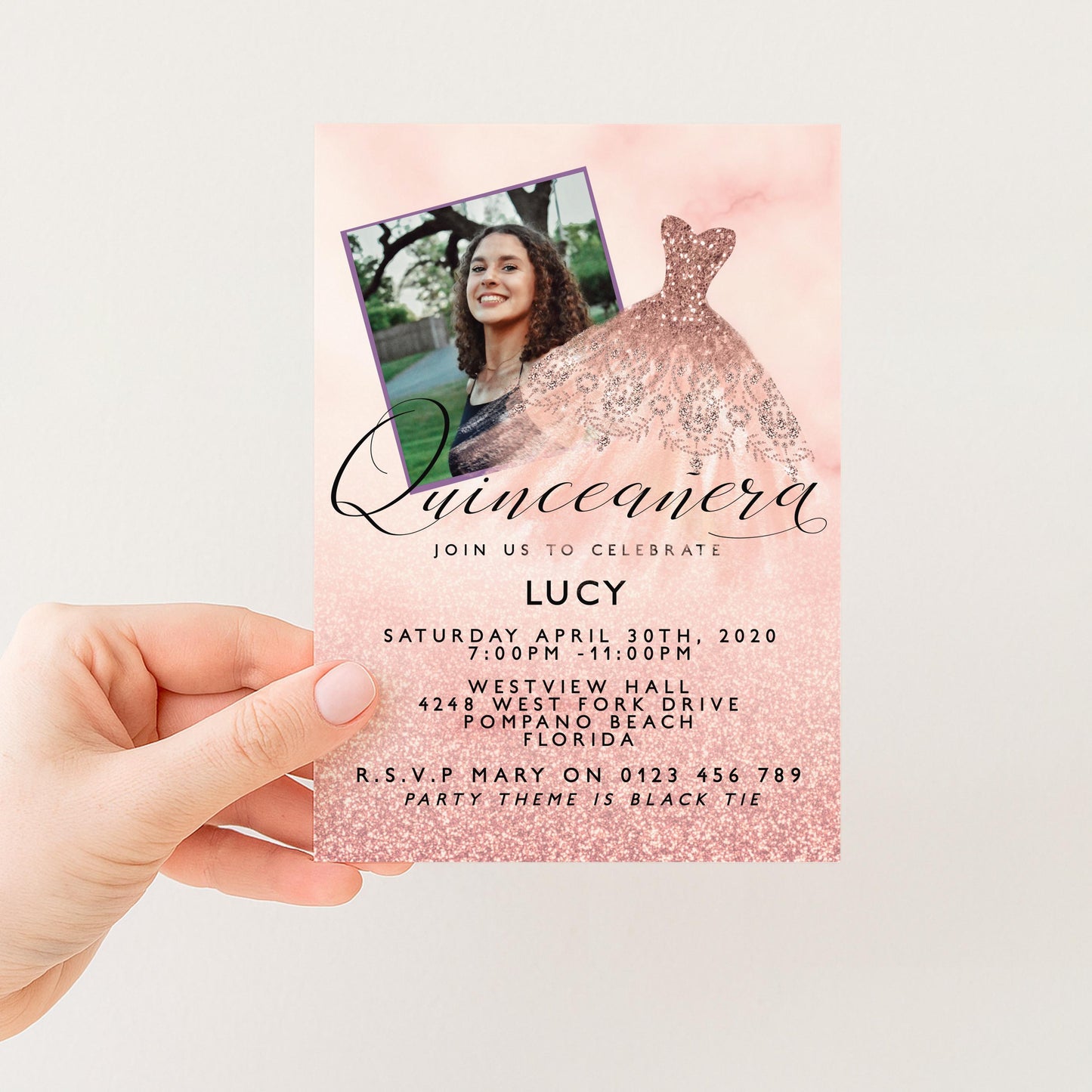 The image is a pink invitation card for a quinceañera celebration.