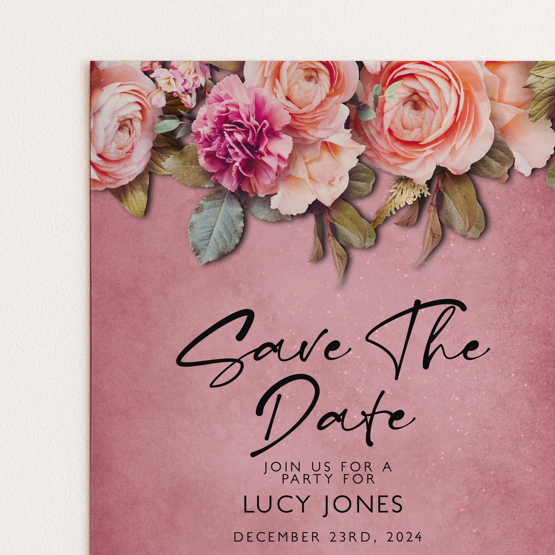 A pink background with a floral design and the text "Save the Date" in the center.