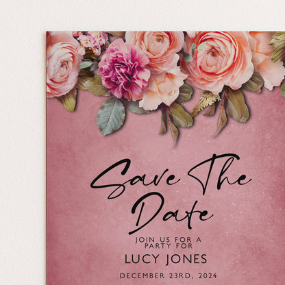 A pink background with a floral design and the text "Save the Date" in the center.