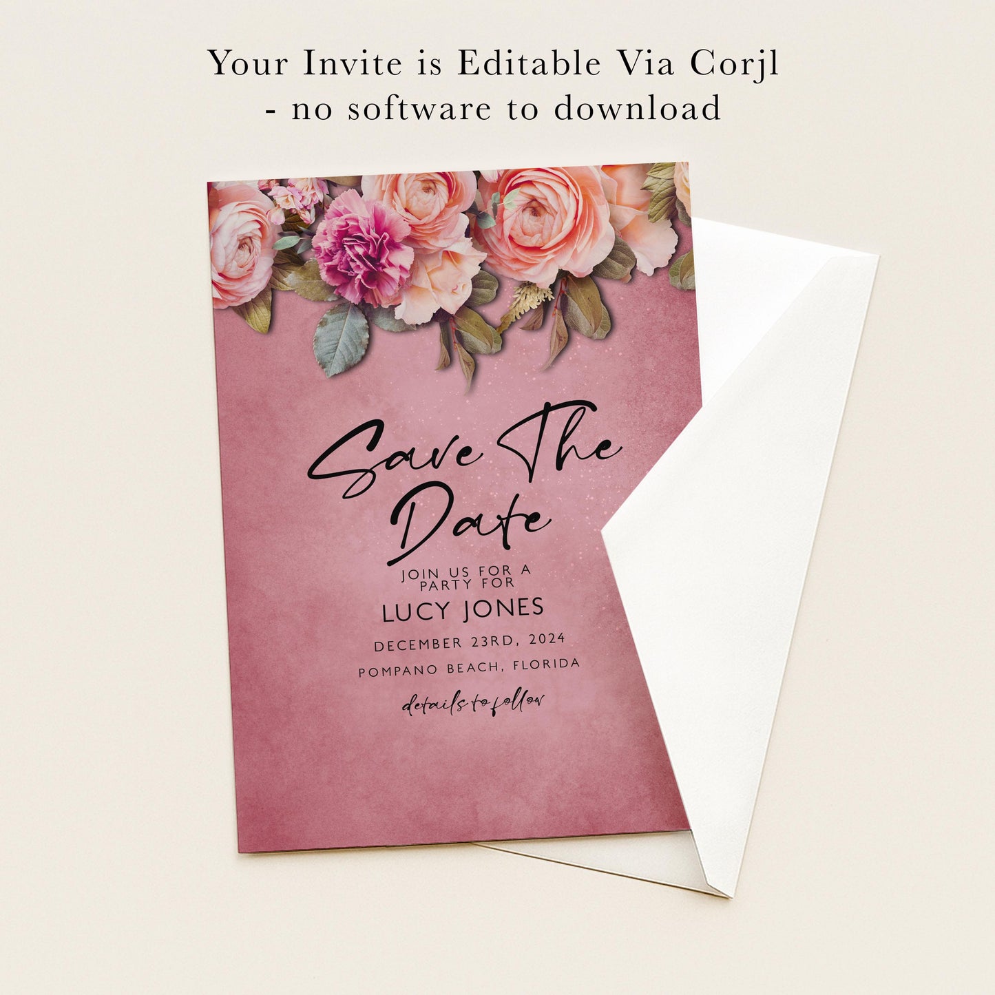 The image is a pink wedding invitation card with a floral design and text inviting guests to a party for Lucy Jones on December 23rd, 2014 at Pompano Beach, Florida.