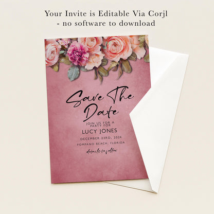 The image is a pink wedding invitation card with a floral design and text inviting guests to a party for Lucy Jones on December 23rd, 2014 at Pompano Beach, Florida.