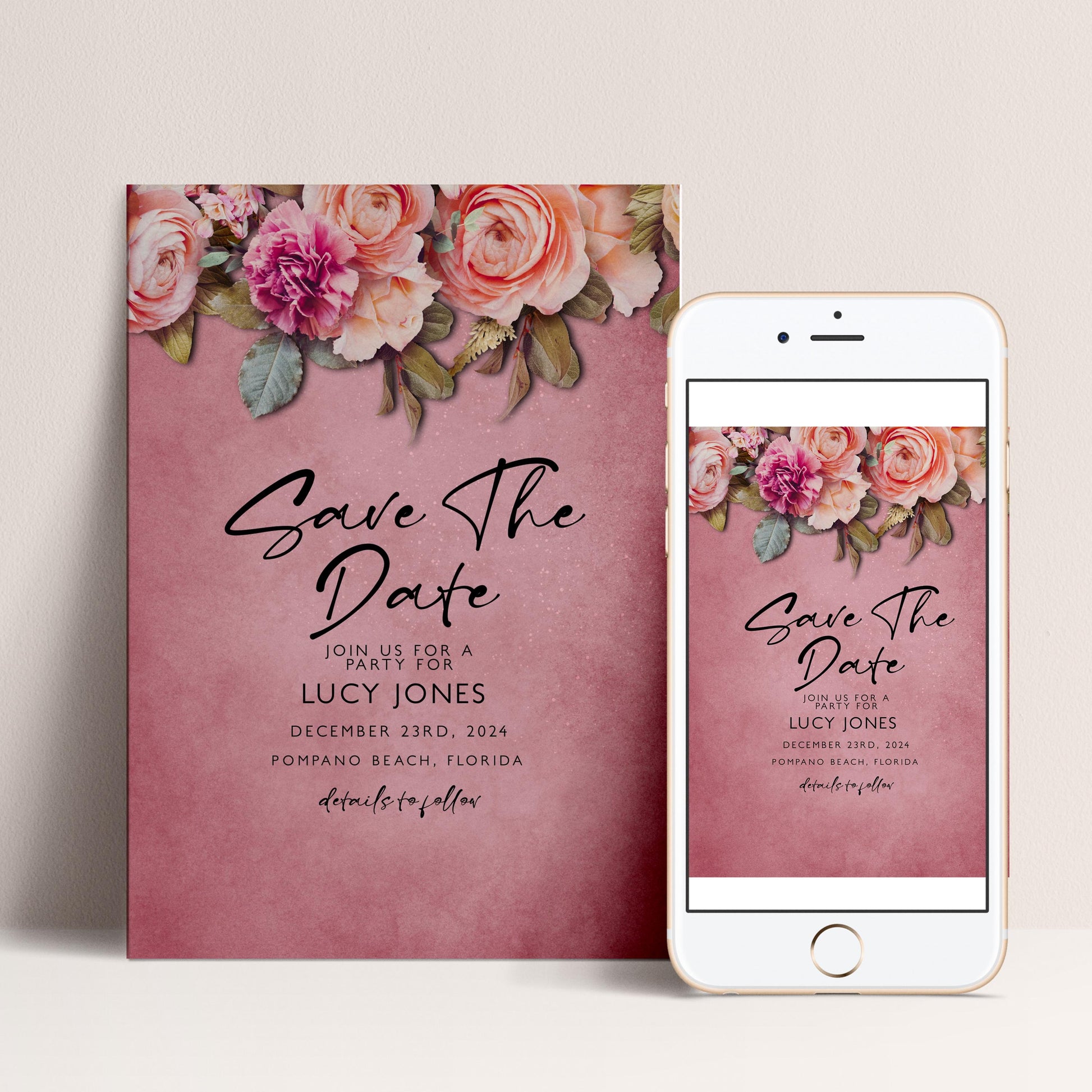 a pink background with a floral design and text inviting people to a party for a couple named Lucy Jones.