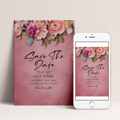 a pink background with a floral design and text inviting people to a party for a couple named Lucy Jones.