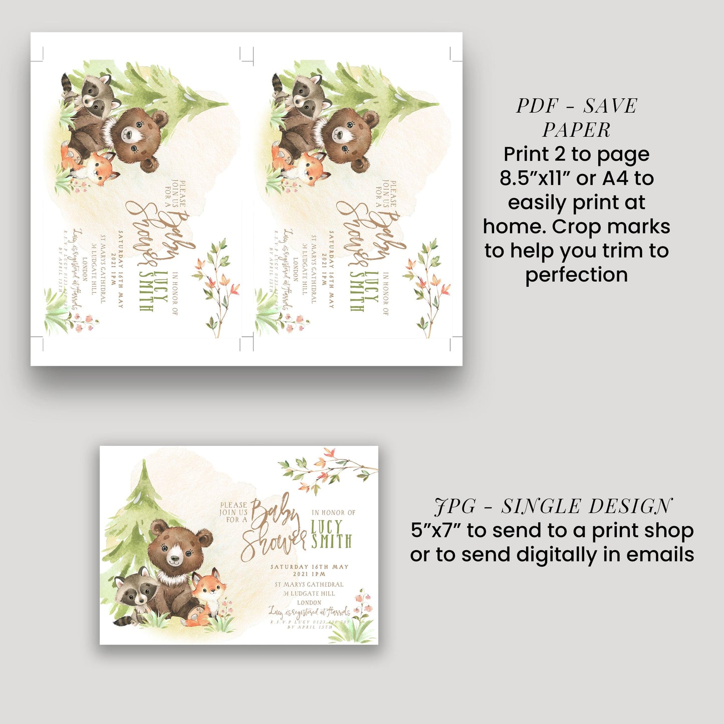 a baby shower invitation featuring a bear and other woodland animals, along with instructions for printing and sending the invitation.