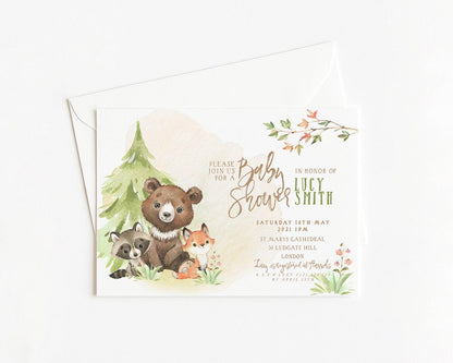 The image is a baby shower invitation featuring a forest scene with a bear, raccoon, and fox. The invitation is for a baby shower for Lucy Smith and is set for Saturday, May 16th, at St. Mary's Cathedral, located at Ludgate Hill.