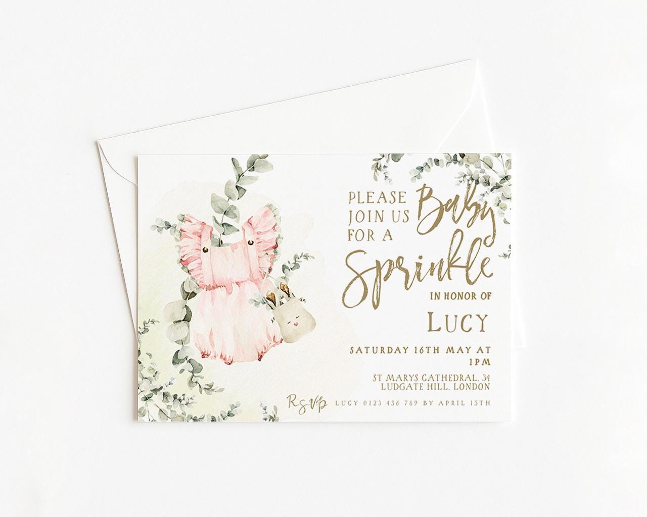 The image is a baby shower invitation featuring a pink fairy and a pink flower, with a floral design and text inviting guests to join for a sprinkle party in honor of Lucy.
