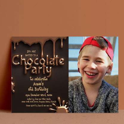 The image is a birthday party invitation for a chocolate-themed party, featuring a young boy wearing a red hat and smiling.
