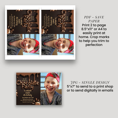 The image is a collage of two photos featuring a young boy with a big smile, along with text providing instructions for creating a chocolate party invitation.