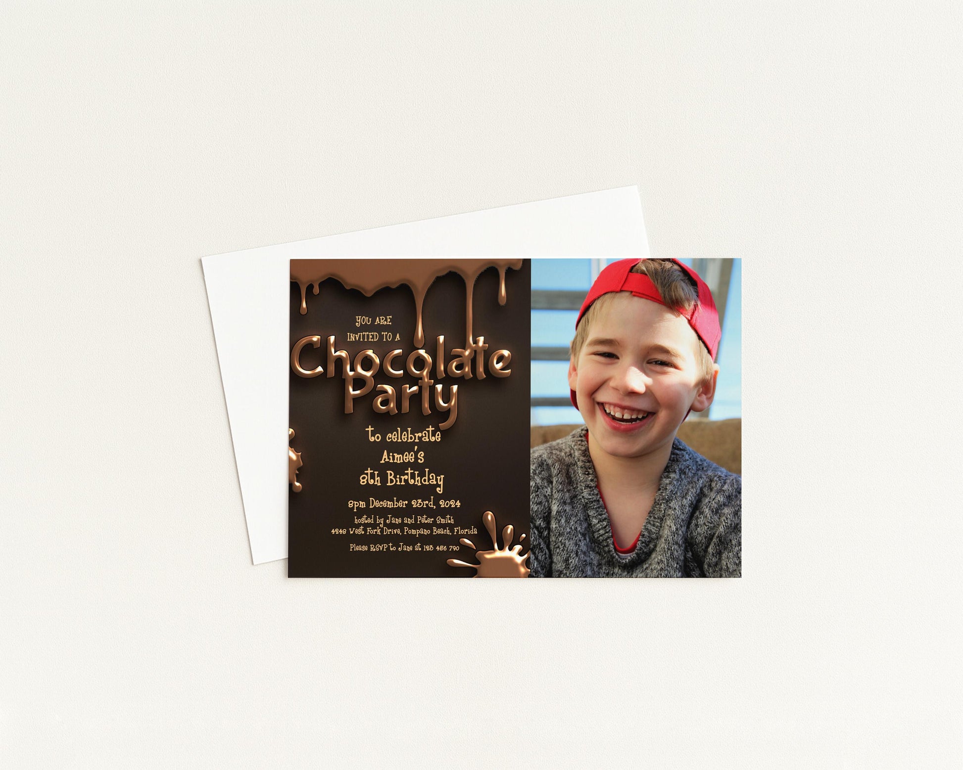 The image is a birthday invitation for a chocolate party, featuring a smiling young boy wearing a red hat.