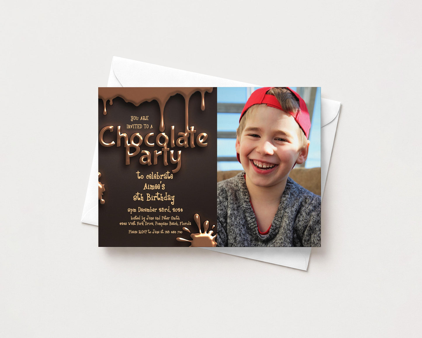 The image is a birthday invitation for a chocolate party, featuring a smiling young boy wearing a red hat.