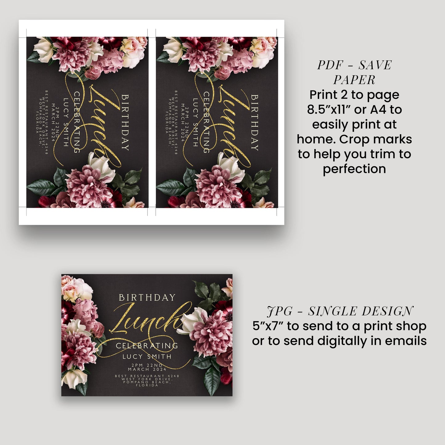 a birthday lunch invitation with a floral design, including text and images. The invitation is for a birthday celebration for Lucy Smith, and it is a single design for sending to a print shop or digitally. The invitation is printed on paper and includes instructions for printing and sending the invitation.