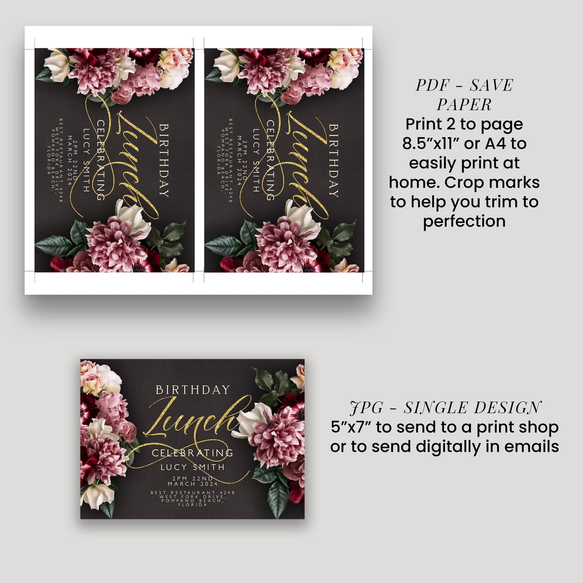 a birthday lunch invitation with a floral design, including text and images. The invitation is for a birthday celebration for Lucy Smith, and it is a single design for sending to a print shop or digitally. The invitation is printed on paper and includes instructions for printing and sending the invitation.