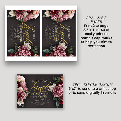 a birthday lunch invitation with a floral design, including text and images. The invitation is for a birthday celebration for Lucy Smith, and it is a single design for sending to a print shop or digitally. The invitation is printed on paper and includes instructions for printing and sending the invitation.