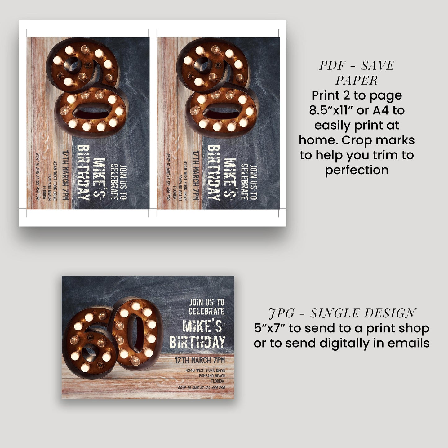 a birthday party invitation for Mike's 60th birthday. It features a wooden background with the number 60 made of donuts, and provides instructions for printing and sending the invitation.