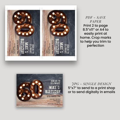 a birthday party invitation for Mike's 60th birthday. It features a wooden background with the number 60 made of donuts, and provides instructions for printing and sending the invitation.