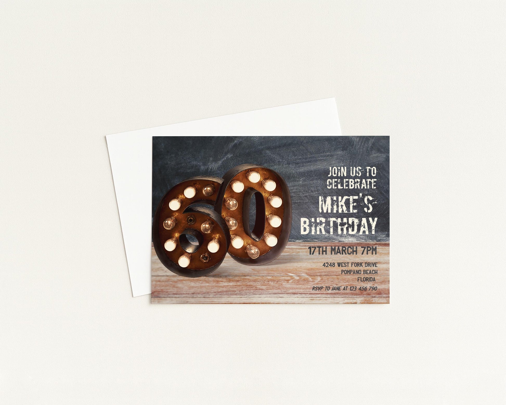 A birthday party invitation for Mike's 60th birthday celebration.