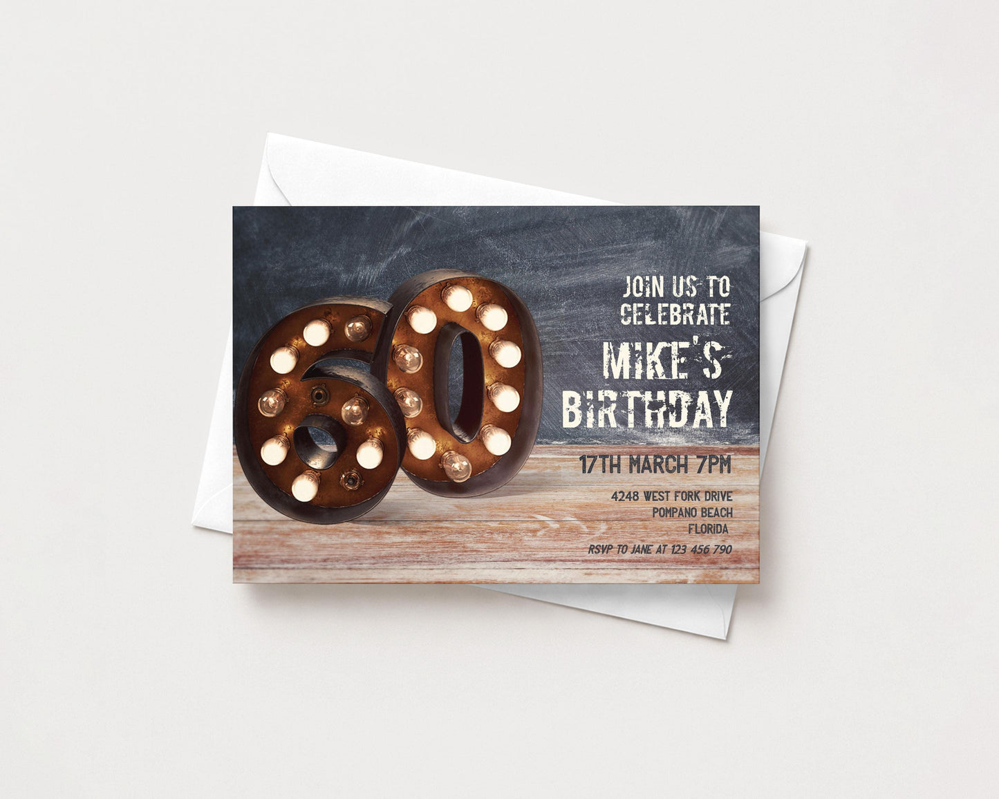 A birthday party invitation featuring the number 60 and the text "Join us to celebrate Mike's birthday"