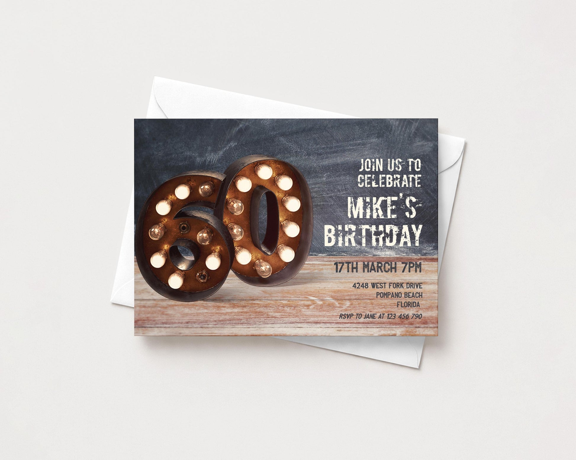 A birthday party invitation featuring the number 60 and the text "Join us to celebrate Mike's birthday"