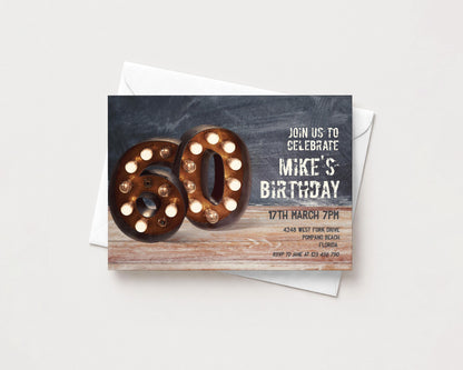A birthday party invitation featuring the number 60 and the text "Join us to celebrate Mike's birthday"
