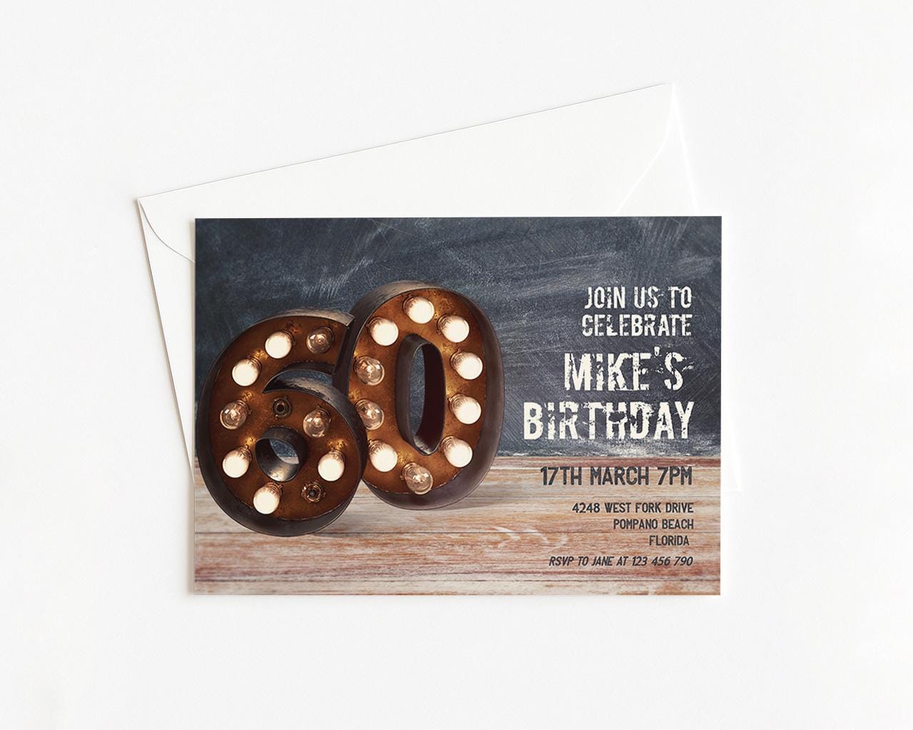 A birthday party invitation for Mike's 60th birthday celebration.