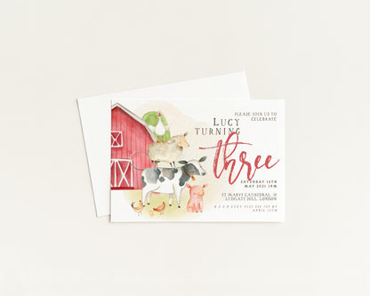 The image is a birthday invitation for a girl named Lucy, who is turning three. The invitation features illustrations of farm animals and a red barn, along with the text "Please join us to celebrate Lucy turning three".