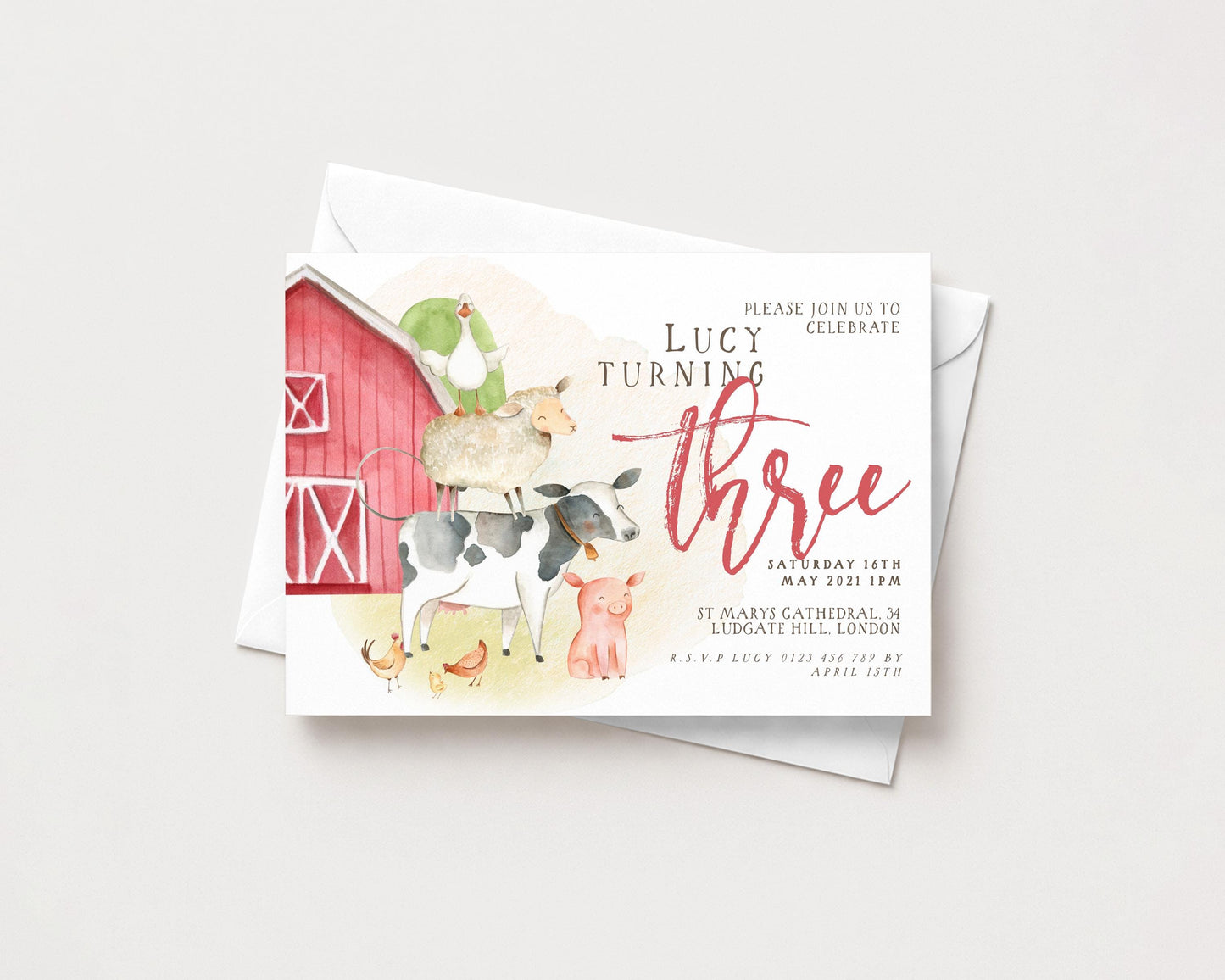 The image is a birthday invitation for a girl named Lucy, celebrating her third birthday.