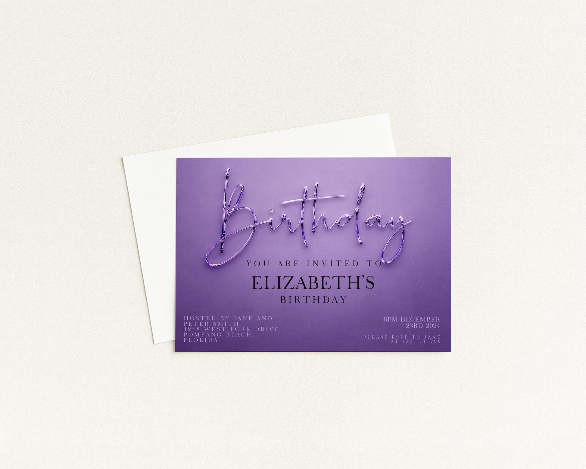 The image is a birthday invitation card with a purple background and text inviting guests to a birthday party for Elizabeth.