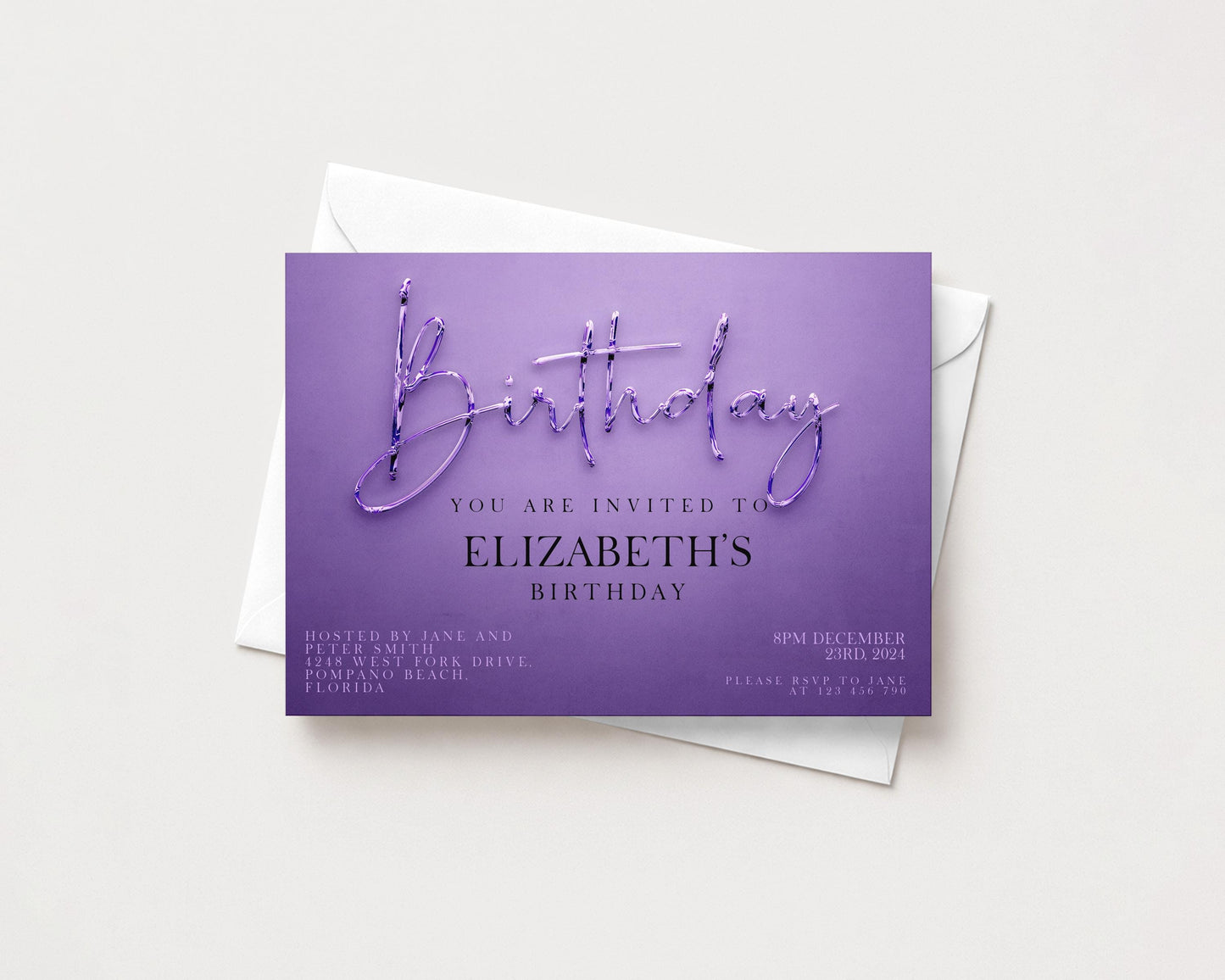The image is a birthday invitation card with a purple background and text inviting guests to a birthday party for Elizabeth.