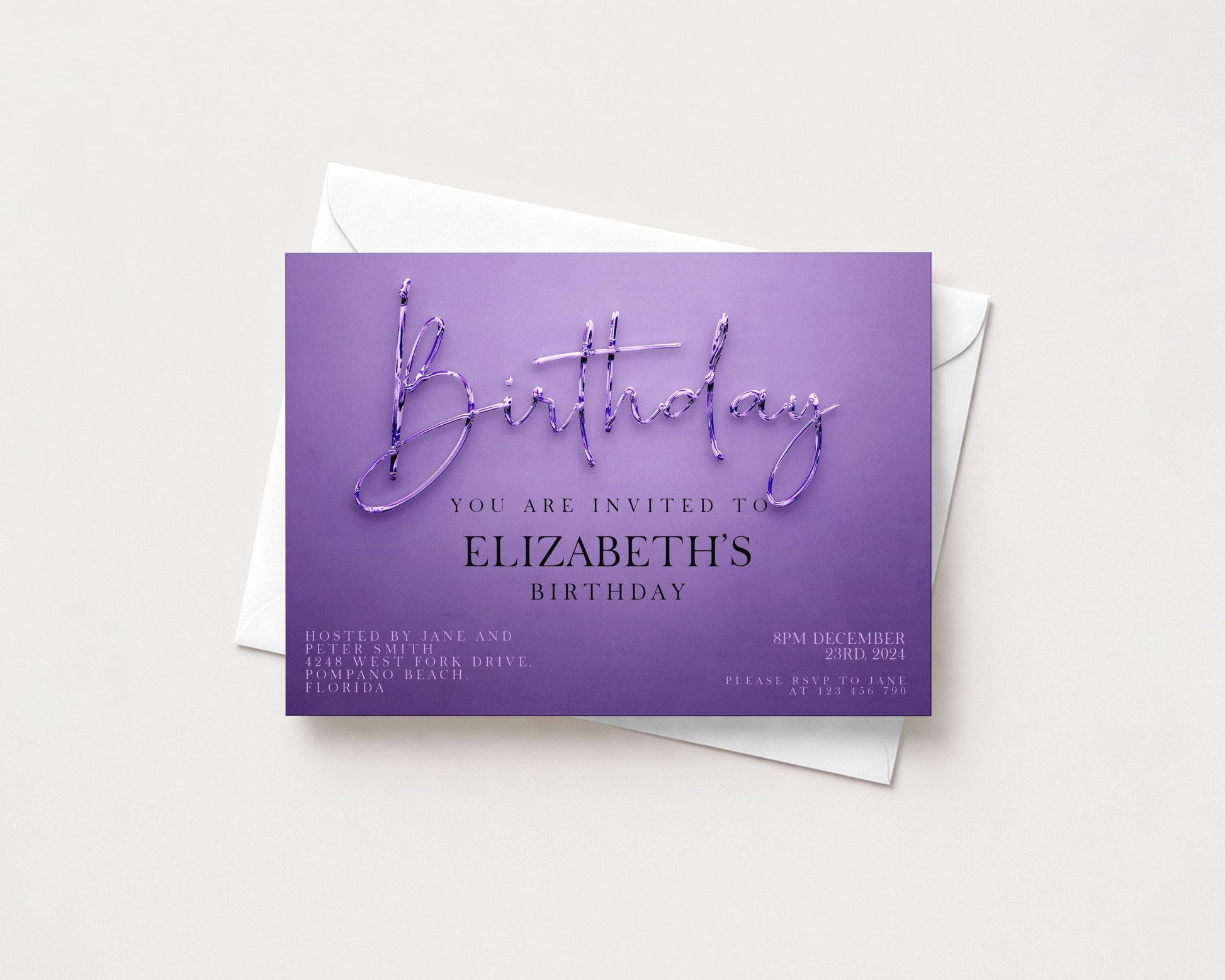 The image is a birthday invitation card with a purple background and text inviting guests to a birthday party for Elizabeth.
