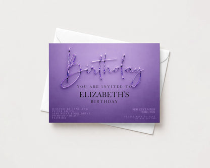 The image is a birthday invitation card with a purple background and text inviting guests to a birthday party for Elizabeth.