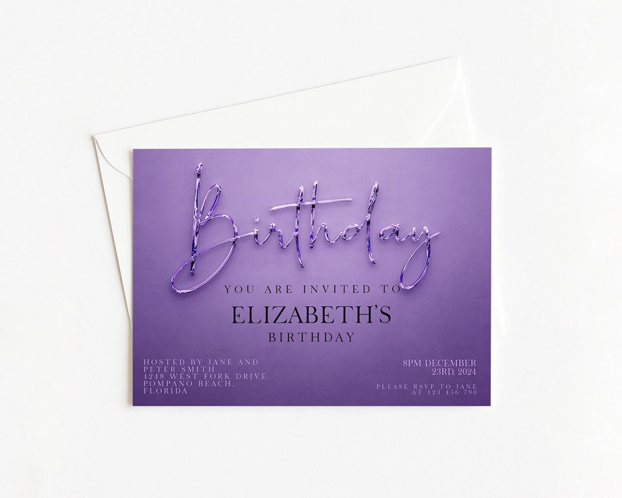 The image is a birthday invitation card with a purple background and text inviting guests to Elizabeth's birthday party.